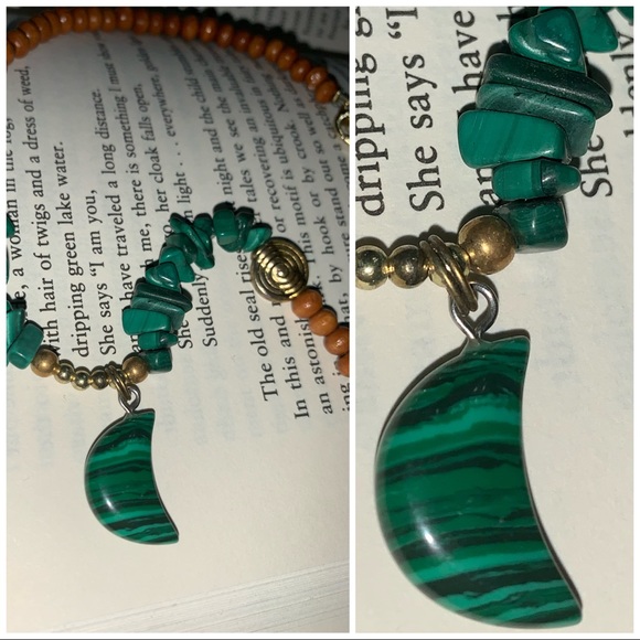 Bohemian Wood & Malachite MOON Necklace - Picture 2 of 4